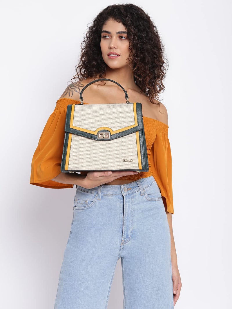 KLEIO Jute Canvas Top Handle Handbag for Women/Girls - Dark Green Mustard - Image 3